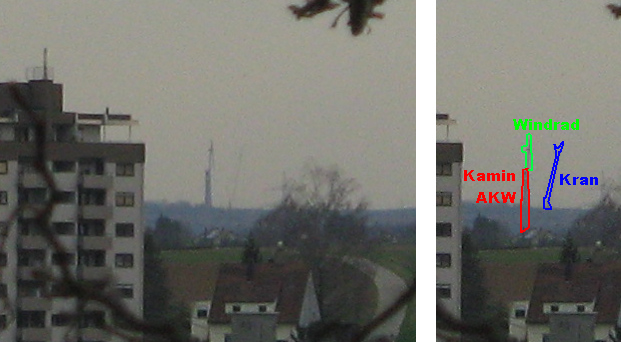 Windrad hinter AKW-Kamin - gesehen aus dem Heilbronner Norden - Auschnitt
